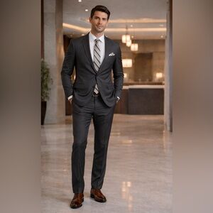 Martin Wong Men’s Striped Tie in Gray Black and Cream W 3.75” L 60” Silk 100%